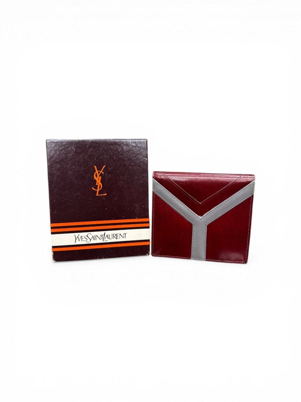 Vintage Yves Saint Laurent Y Wallet Red Gray Leather Bifold With Box